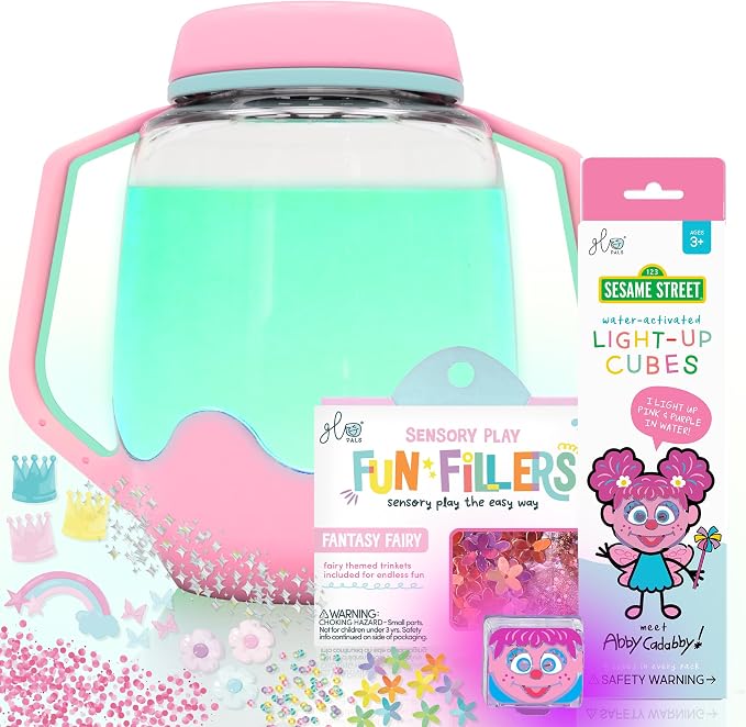 Glo Pals Water Activated Light-Up Sesame Street Sensory Bath Toy Play Jar, 4 Reusable Cubes and Fun Fillers for Bathtime and Sensory Play, Perfect for Kids and Toddlers, Abby Cadabby