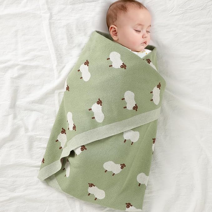Hadetoto 100% Cotton Baby Blanket Knit Soft Cozy Swaddle Receiving Blankets Toddler Infant Blanket with Lovely Sheeps for Newborn Boy Girls - Light Green, 90 x 70cm
