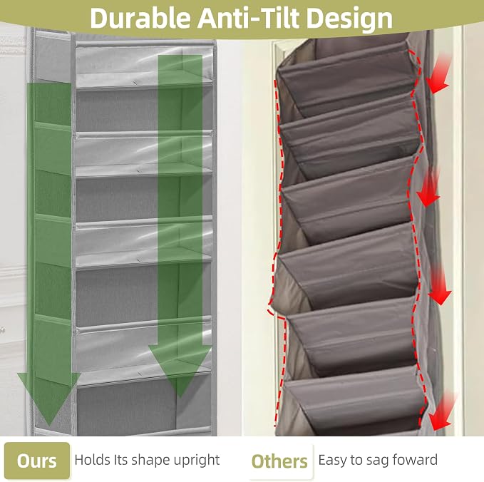 Over Door Organizer with 6 Extra Large Pockets 12 Side Pockets, Sturdy Closet Storage Rack, Hanging Storage Organizer with Clear Window for Shoes, Diaper, Bedroom, Bathroom, Grey, 6-Pack