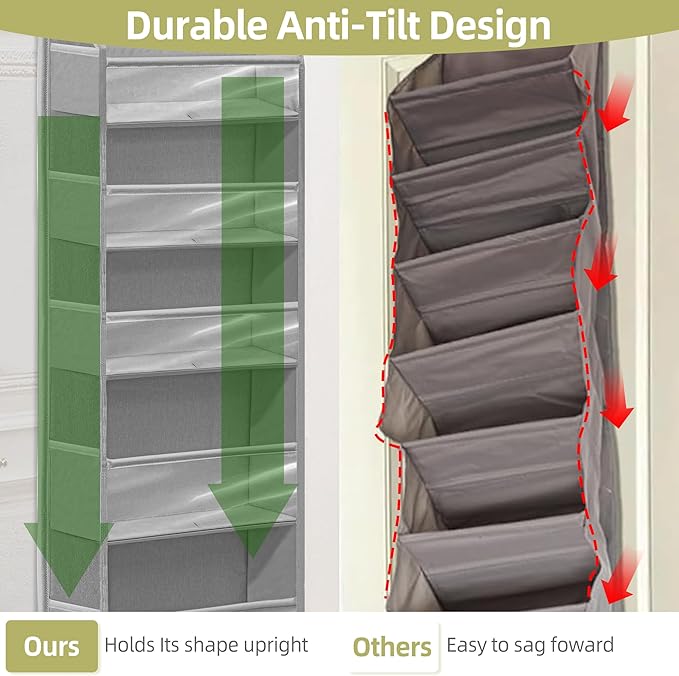 Over Door Organizer with 6 Extra Large Pockets 12 Side Pockets, Sturdy Closet Storage Rack, Hanging Storage Organizer with Clear Window for Shoes, Diaper, Bedroom, Bathroom, Grey, 4-Pack