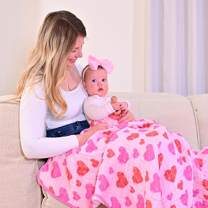 LollyBanks Baby Blanket, 100% Organic Cotton Muslin Quilt for Girls, 47 x 47 Inches Toddler Quilt, Soft and Breathable 6-Layer Newborn Blankets, Crib Bedding Essential (Gemstone Heart Print)