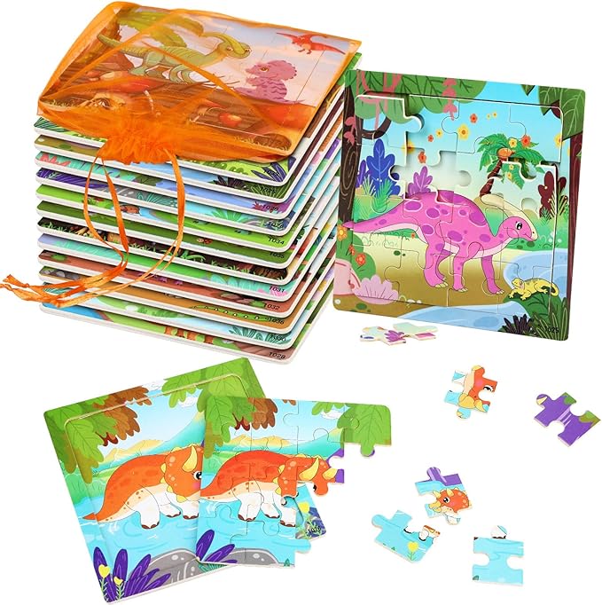 SANNIX Dinosaur Wooden Puzzles with 12 Storage Bags, Dinosaurs, Animals, Puzzles for 3 4 5 Year Old Kids, Party Gifts, Travel Toys for Boys and Girls