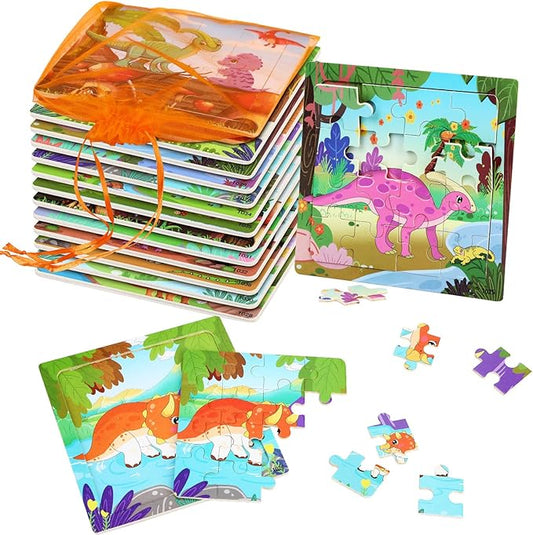 SANNIX Dinosaur Wooden Puzzles with 12 Storage Bags, Dinosaurs, Animals, Puzzles for 3 4 5 Year Old Kids, Party Gifts, Travel Toys for Boys and Girls
