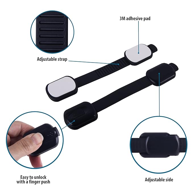 Child Safety Cabinet Locks (2 Pack) – Adjustable Baby Proofing Strap Latches with Strong 3M Adhesive – No Drill Childproof Locks for Drawers, Cabinets, Fridge, Door, Closet, Black