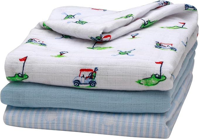 3 Pack Cotton Muslin Swaddle Blankets for Baby, 40" x 36", Lightweight, Breathable, Blue, (Golf Print, Stripe, Solid)