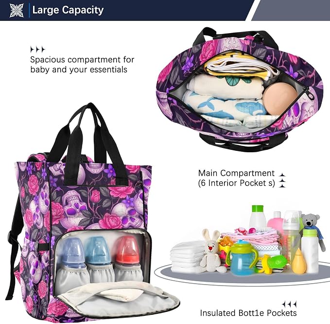 Neon Purple Skull Diaper Bag – Stroller Straps, Unisex Gift for Mom Dad