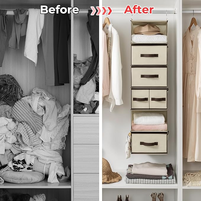 GRANNY SAYS Hanging Closet Organizers and Storage 6 Shelves, Closet Hanging Organizer with 5 Drawers, 6 Side Pockets Hanging Storage Organizer, Portable Clothes Organizer for Closet, Beige