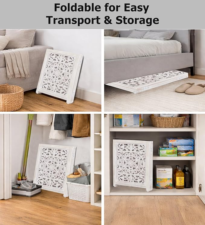 Croft&Cane Wooden Foldable Pet Dog Safety Gate - 4 Panel 20 W x 24 H - Hand Carved Suzani Free Standing Portable Indoor Puppy Gate - Doorway Hall Stairs Dog Fence - Assembled - White Wash