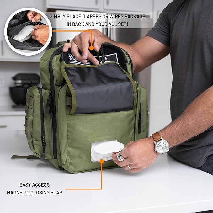 Green Dad Diaper Bag - Molle-Style Military Diaper Backpack Made of Rugged 900D Waterproof Polyester with Wider Extra-Long Straps, Dirty Diapers Pouch, Baby Wipes Dispenser & Insulated Bottle Pockets