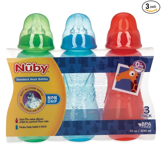 Nuby Non-Drip Standard Neck Baby Bottles - 10 oz (3 Pack) - Vari-Flo Flow Control Nipple - Anti-Colic Air System - 0+ Months
