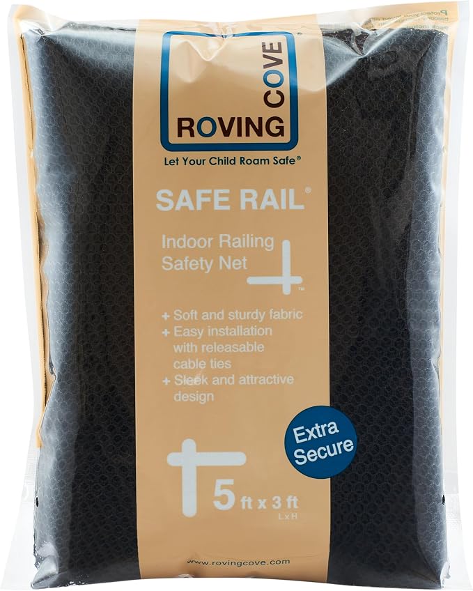 Roving Cove Stair Banister Guard 5ft x 3ft, Railing Safety Net for Baby Proofing, Child Safety Stairway Cover, Balcony Mesh Netting, Ebony Black