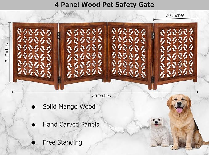 Croft&Cane Wooden Foldable Pet Dog Gate – Hand Carved 4-Panel Freestanding Dog Fence - 80W x 24H - Solid Wood & MDF Indoor Safety Barrier - Doorway Hallway & Stairs Portable Puppy Gate - Warm Walnut