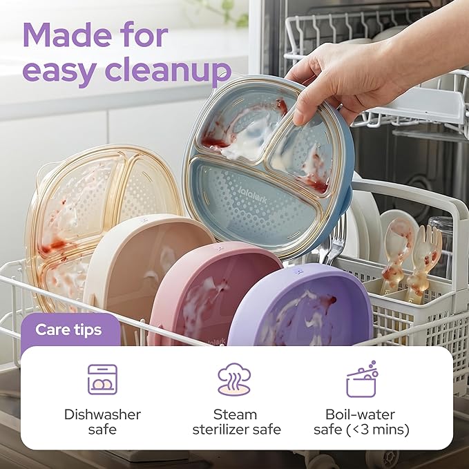 3-in-1 PPSU Baby Suction Plates with Spoon & Fork - Premium Bottle-Grade Silicone Divided Dishes, Stage-Based Self-Feeding Dinnerware 6M-3Y, BPA Free Odor & Stain Resistant, Microwave Dishwasher Safe