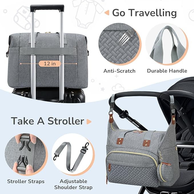 Tenot Diaper Bag Tote with Pacifier Case, Baby Bag for Women with Shoulder Straps, Travel Diaper Tote for for Mom and Dad Grey