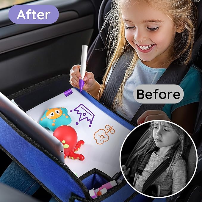 Kids Travel Tray for Car Seat, Toddler Road Trip Essentials with Dry Erase Board & Storage Organizer, Portable Carseat Lap Desk for Travel Activities, Blue