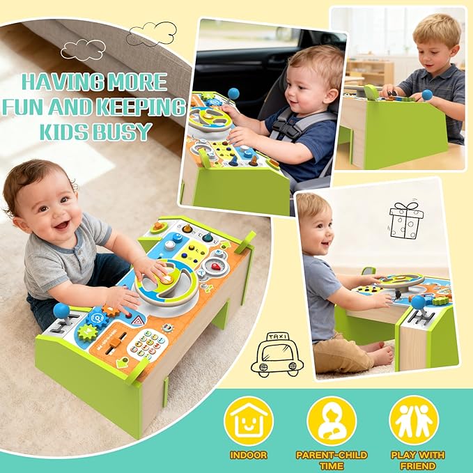 Montessori Busy Board Car Steering Wheel Toy for Toddlers 1-3, Wooden Sensory Activity Board with Light Sound, Educational Toys for Fine Motor Skills, Birthday Gift for Boys Girls