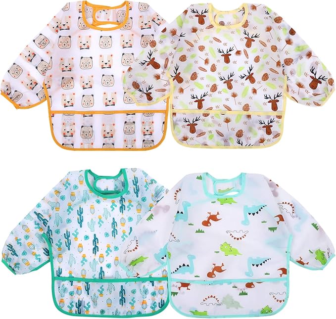 Accmor 4 Pack Long Sleeve Bibs, Baby Smock Waterproof Sleeved Bib Smock for Baby Toddler 6-36 Months