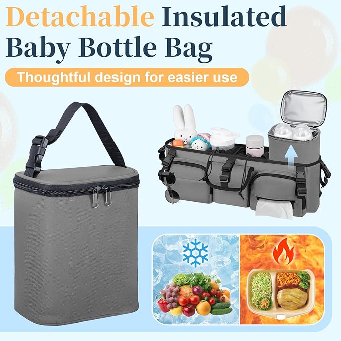 GDNasist Double Stroller Organizer Compatible with Bob Duallie and Baby Jogger City Mini GT2, Double Baby Stroller Accessories with Cooler Bag, Parent Console Double Jogging Stroller Caddy, Grey