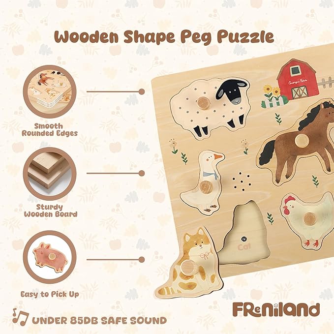 Freniland Farm Sound Puzzle for Toddlers, Wooden Farm Animal Puzzle with Realistic Sounds, Montessori Learning Toy for 18M+
