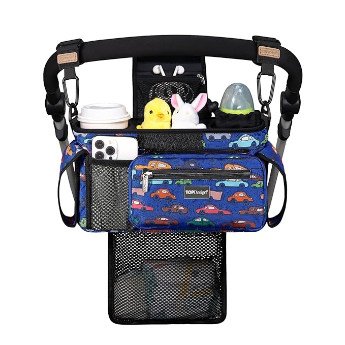 TOPDesign Universal Baby Stroller Organizer, Stroller Caddy with Detachable Mesh Bag & Heightened Insulated Cup Holders & Non-Slip Secure Hooks Accessories, Fits Most Strollers (Cars)