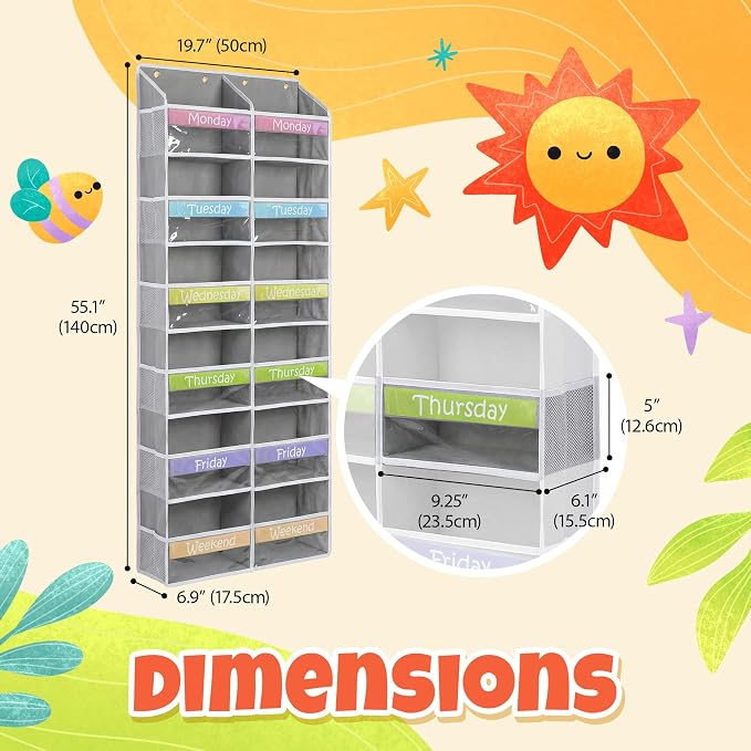 Housables Weekly Clothes Organizer for Kids, Days of the Week Clothes Organizer, Kids Closet, Daily Outfit Storage, Monday through Friday Clothing, Weekday, M-F, School, Hanging, Over Door, 12 Shelf