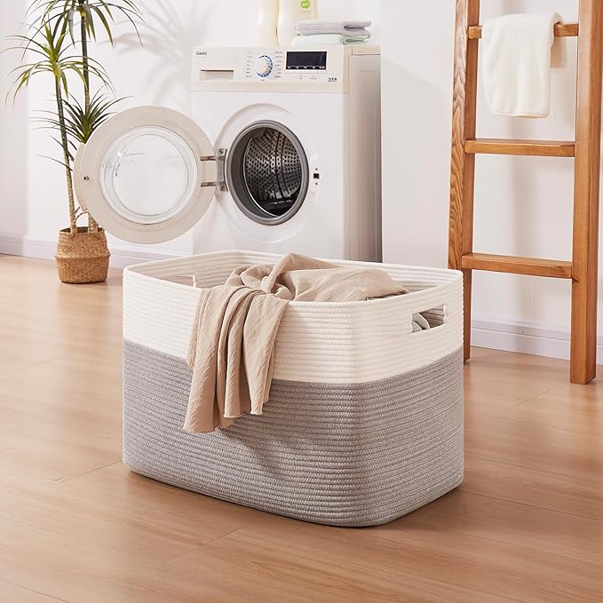 OIAHOMY 108L Extra Large Blanket Basket, 25?�x16?�x16??Laundry Basket, Blanket Storage for Living Room, Dog Toy Storage with Handle - Grey & White