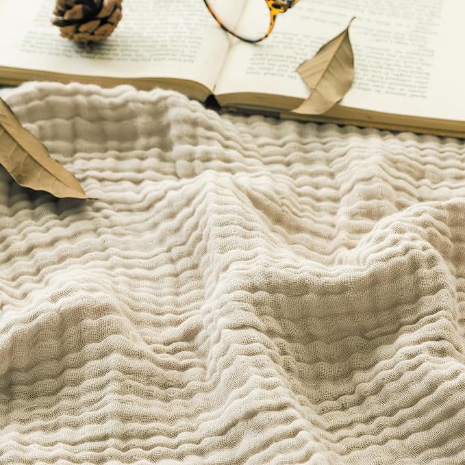 EMME Cotton Muslin Blanket Twin XL - 66"x90" Lightweight Breathable Beige Layering Bedspread Coverlet All Season Gauze