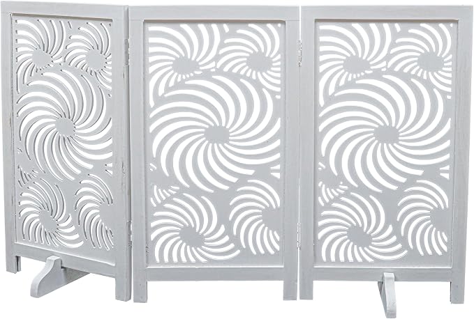 Freestanding Pet Gate for Dogs, Foldable Wooden Dog Gate for House, Indoor Dog Gate for Stair, Doorway,Sun Flower Design Gates for Dogs Indoor, 48 Inch Wide, (16" x3 Panels =48 inch),White Antique