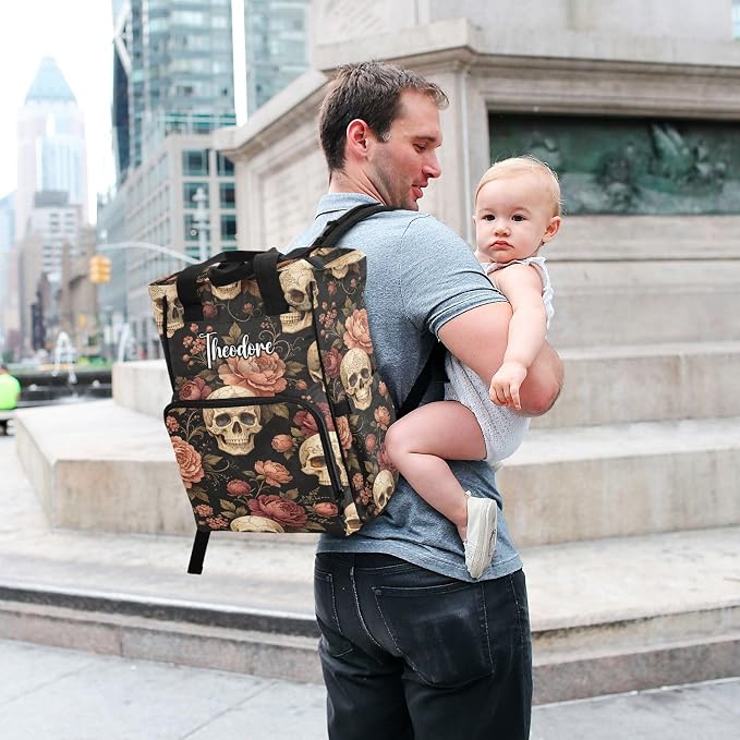 Personalized Sugar Skull Peonies Diaper Bag Large Cap Insul Mom Dad
