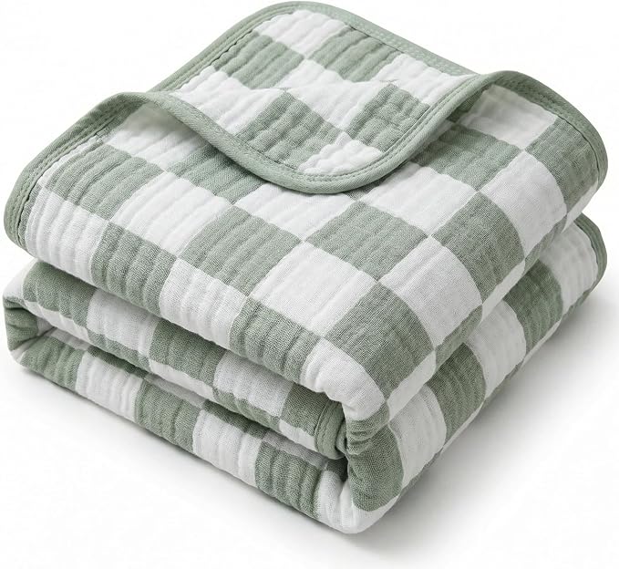 6-Layer Muslin Toddler Blanket - Made with Organic Cotton, Large 50x60 Crib Quilt & Bedding for Kids & Moms (Sage Green Checkered)
