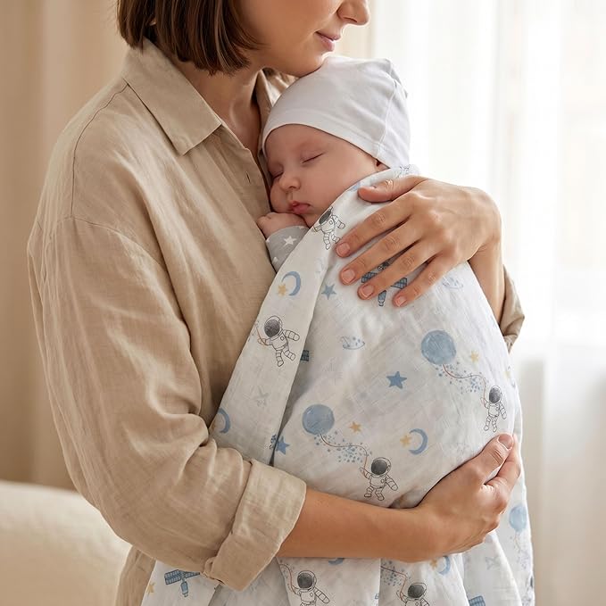 GLLQUEN BABY Receiving Blanket Boy Cotton Muslin Swaddle Blankets Girl Newborn Squares Breathable & Soft Thin Baby Blankets Cloths Double Absorbent Infant Swaddling Wrap - 6 Pack (Blue Astronaut)