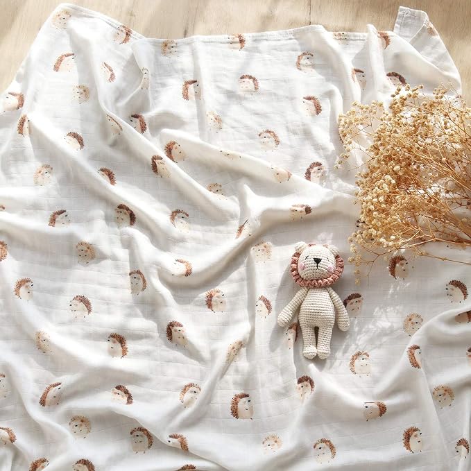 LifeTree Baby Swaddle Blankets, Boys Girls Muslin Swaddling Wrap Receiving Blanket for Newborn, 70% Viscose from Bamboo and 30% Cotton, Large 47" x 47", Hedgehog and Checkered