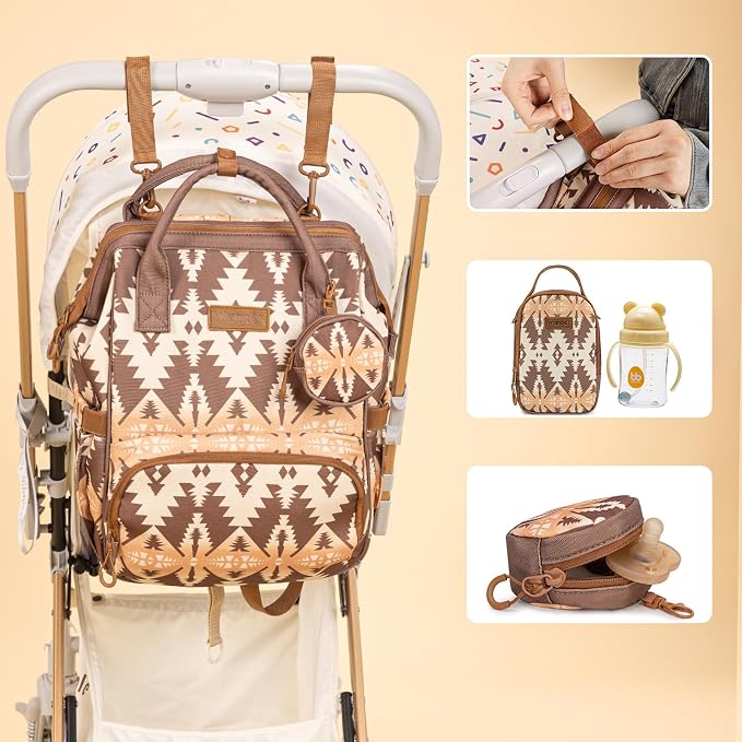 Montana West Wrangler Callie Diaper Bag Backpack with Pacifier Case, Crossbody Bottle Bag and Stroller Straps Western Pattern Multifunction Baby Travel Bag Set WG2215-9110BR