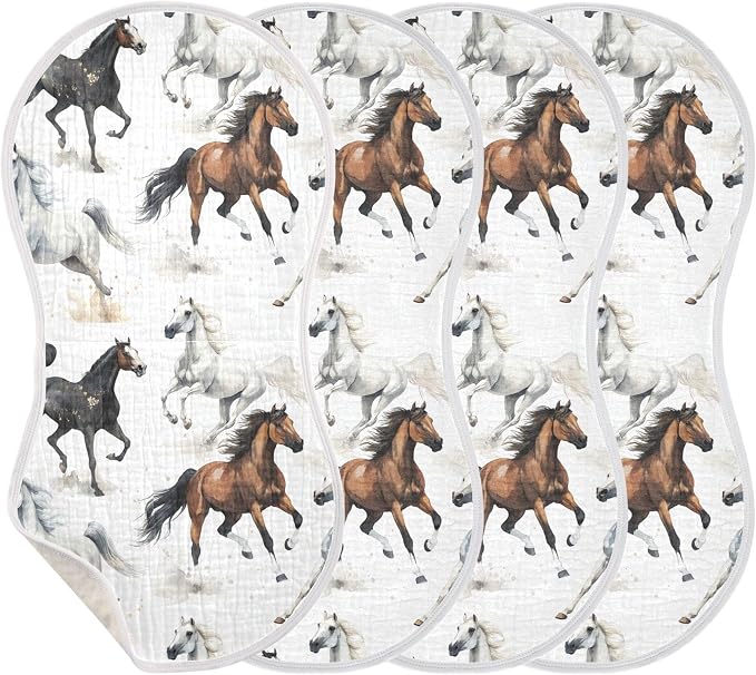 Burbuja Running Horses Muslin Baby Burp Cloths, Soft & Absorbent Cotton Burping Rags for Newborn Boys & Girls, 4 Pack