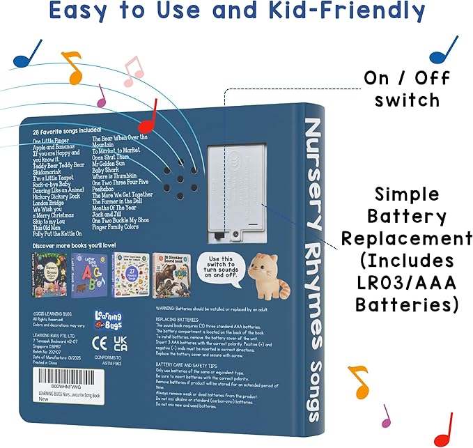LEARNING BUGS Fun Favorite Nursery Rhymes ??Sing Along with 28 Nursery Rhymes, Musical Books for Toddlers, 28-Button Music Book, Musical Toys for Toddlers 1-3
