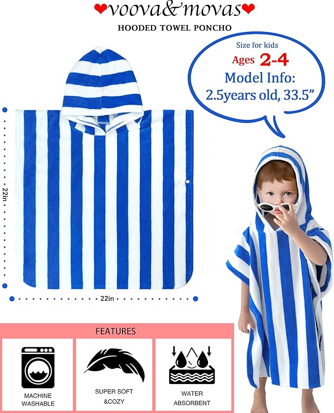 VOOVA & MOVAS Toddler Poncho Towels with Hood, Oversized (2-4Years,22"X22") Made from 100% Soft Cotton,Absorbent Hooded Towels for Baby Boys,Perfect for Pool | Swimming | Bath | Beach,Blue Stripe