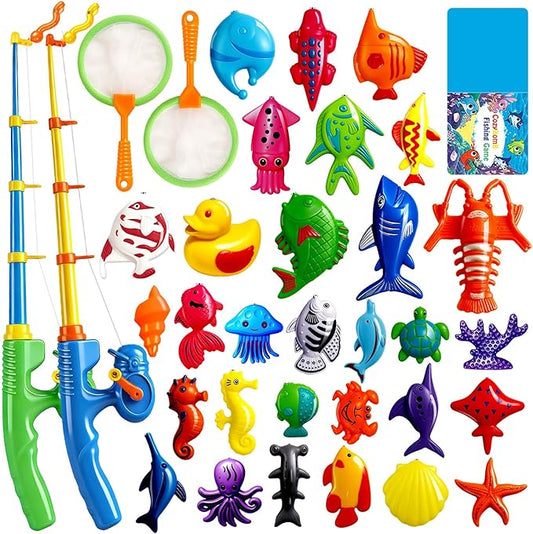 CozyBomB??Magnetic Fishing Toys Game Set for Kids | Water Table Bathtub Kiddie Pool Party Pole Rod Net, Outdoor Plastic Floating Fish, Toddler Bath Color Ocean Sea Animals Birthday Gift Age 3-5 6 4-8