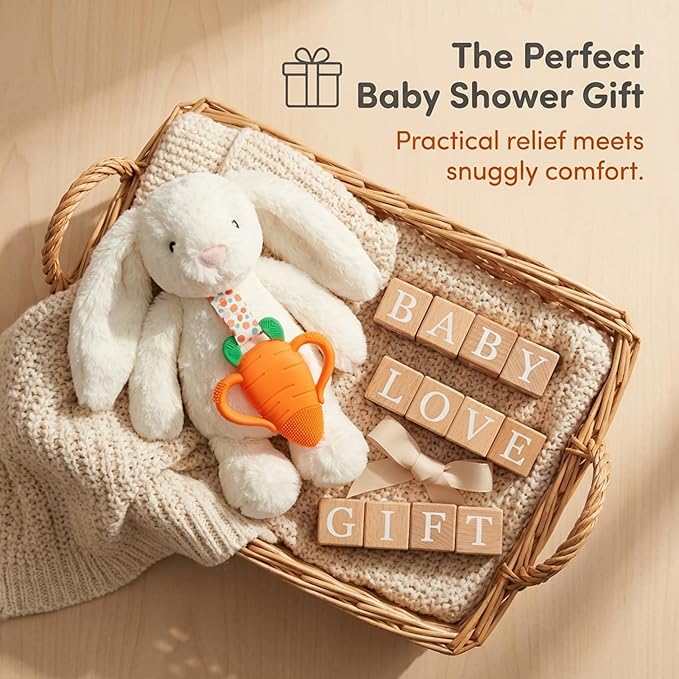 RaZbaby Bunny Snuggly w/Carrot Teething Relief Toy ??Soothes Sore Gums w/Nature-Inspired Texture, 100% BPA-Free Silicone Teether, Soft Minky Stuffed Animal ??All Ages