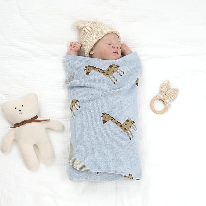Opewod Soft Cotton Knit Baby Blanket with Cute Deer Print 40x30in Newborn Receiving Blanket Swaddle Cuddle Blanket for Crib, Stroller, or Nursery for Infants & Toddlers Light Blue
