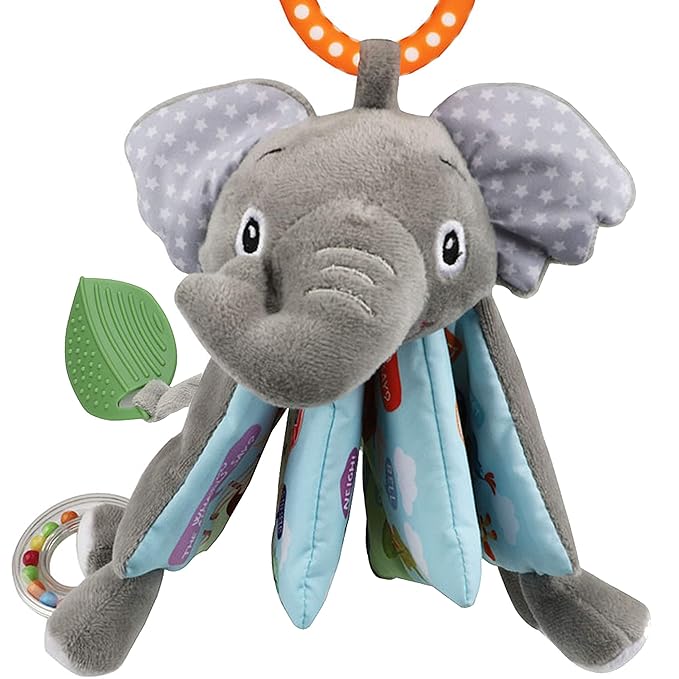 Elephant Touch and Feel Baby Books Toys 0-6 Months, Loveys Crinkle Books for Babies,Infant Toys 6-12-18 Months 1-2 Year Old, Baby Shower Easter Gifts Soft Cloth Book Teething Rattle for Boys Girls