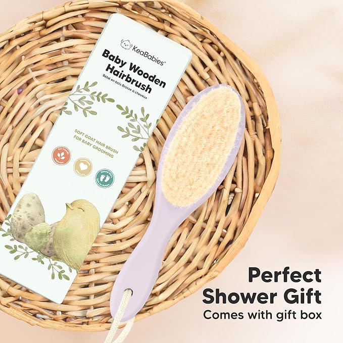 Wooden Baby Hair Brush for Toddler Girls, Boys - Cradle Cap Brush for Babies, Soft Goat Bristles, Perfect Gentle Scalp Newborn Comb for Infant, Girls, Boys, Bath Essentials (Thistle, Regular)