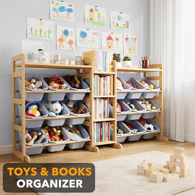 SpaceAid Large Toy Storage Organizer with 6 Shelves and 18 Bins, Book Shelf Organizers Storage Bookshelf, Kids Bin Shelf Box Bookcase for Bedroom Playroom Organization Room Decor, Neutral Gray
