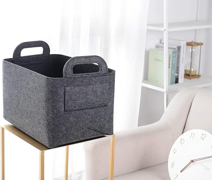 Minoisome Storage Basket Felt Storage Bin Collapsible& Convenient Box Organizer with Carry Handles for Office Bedroom Closet Babies Nursery Toys Laundry (Dark grey, 15.7inch（L）Ã?1inch（W）Ã?0inch（Hï¼?