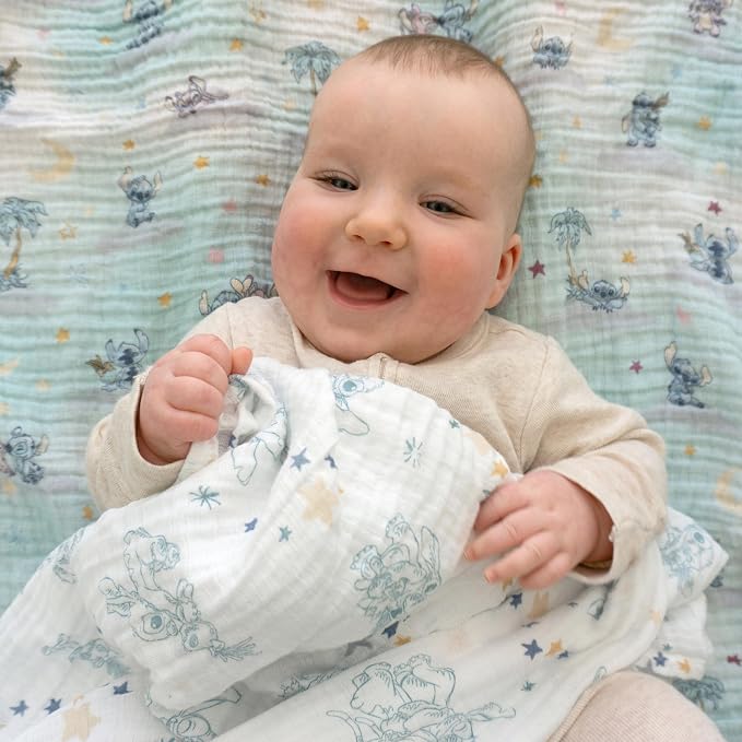 aden + anais Essentials Muslin Swaddle Blankets, Newborn Receiving Blanket for Swaddling, 100% Cotton Baby Swaddle Wrap, 4 Pack, Lilo & Stitch