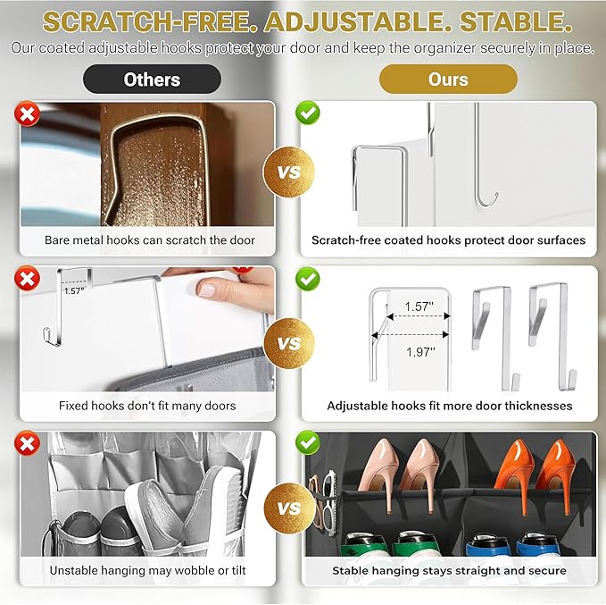 8 Tier Hanging Shoe Organizer – 100D Extra Thick Deep Pockets, Shoe Rack for Closet, Shoe Rack for Entryway, Over the Door Shoe Organizer for Closet with 6 Side Pockets for Boots (Transparent)