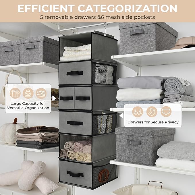 GRANNY SAYS Hanging Closet Organizer 6 Shelves, Closet Organizers and Storage with 5 Drawers, 6 Side Pockets Closet Hanging Organizer, Hanging Storage Organizer for Closet, Baby Clothes, Gray