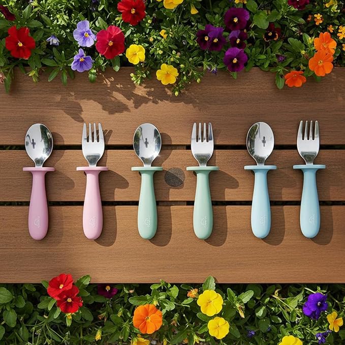 Toddler Stainless Steel Spoon & Fork Set, Non-Slip Silicone Handle, BPA-Free, Self-Feeding (Green Olive)
