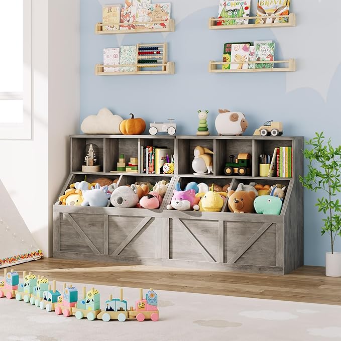IDEALHOUSE Kids Bookshelf and Toy Storage, Toy Storage Organizer, Toy Organizer with Storage Cabinet and Toy Shelf, Toddler Book Shelf for Kids Rooms, Playroom, Bedroom, Nursery, Daycare, Washed Grey