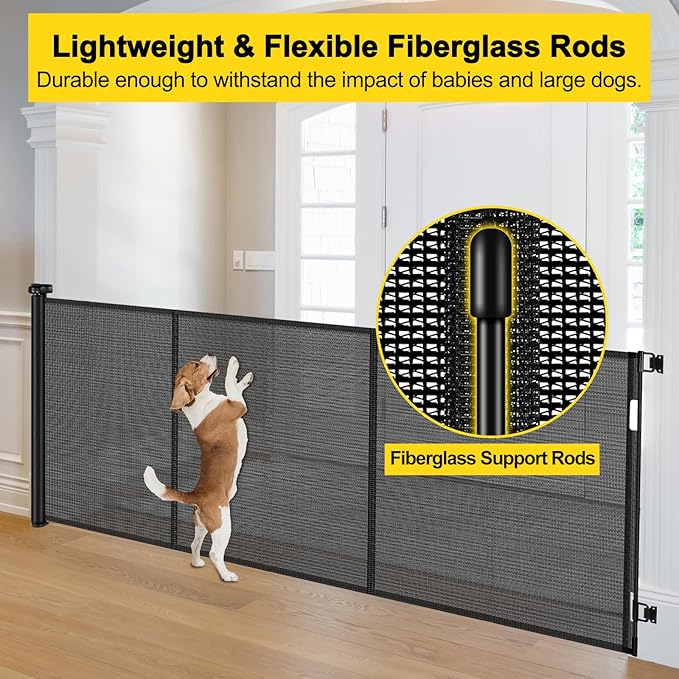 Reinforced 42??Tall x 160??Extra Wide Retractable Baby Gates with Support Rods, Outdoor Pet Gate for Wide Openings, Tall Baby Gates for Dogs Extra Long Dog Gate Large Outdoor Gates for Decks, Black
