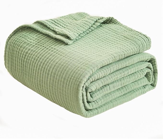 EMME Cotton Blanket Queen Size for Bed Soft Large Muslin Bed Blankets 90"x90" Lightweight Breathable Blanket Bedspread All Season Gauze, Sage Green